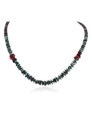 Navajo .925 Sterling Silver Certified Authentic Natural Turquoise Graduated Heishi Coral Native American Necklace 18232