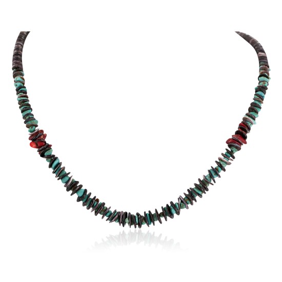 Navajo .925 Sterling Silver Certified Authentic Natural Turquoise Graduated Heishi Coral Native American Necklace 18232