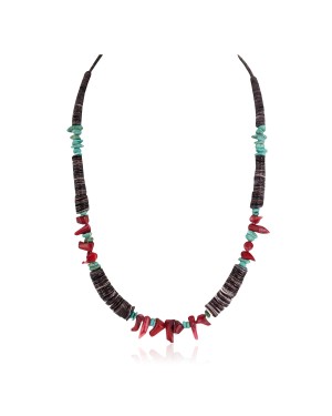 Navajo .925 Sterling Silver Certified Authentic Natural Turquoise Graduated Heishi Coral Native American Necklace 18240-2