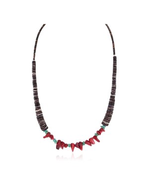 Navajo .925 Sterling Silver Certified Authentic Natural Turquoise Graduated Heishi Coral Native American Necklace 750206
