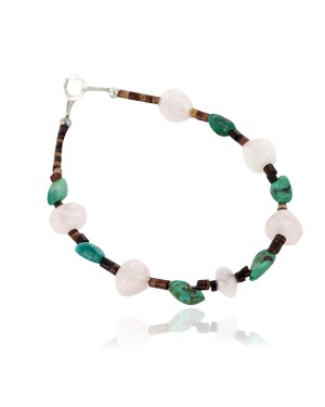 Navajo .925 Sterling Silver Certified Authentic Natural Turquoise Pink Quartz Native American Bracelet 13077