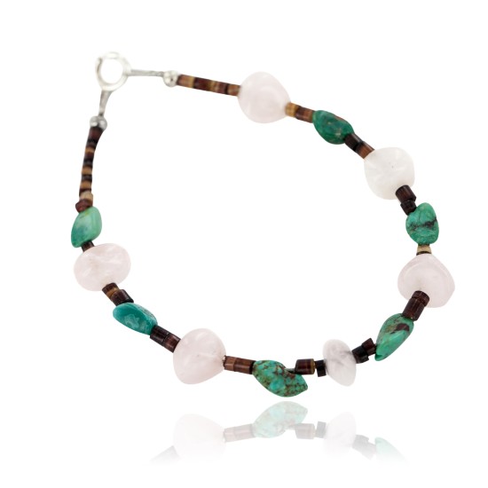 Navajo .925 Sterling Silver Certified Authentic Natural Turquoise Pink Quartz Native American Bracelet 13077