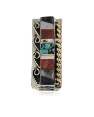 Navajo .925 Sterling Silver Handmade Inlaid Natural Black Onyx Mother of Pearl Spiny Oyster Turquoise Native American Nickel and Brass Money Clip 91001-5