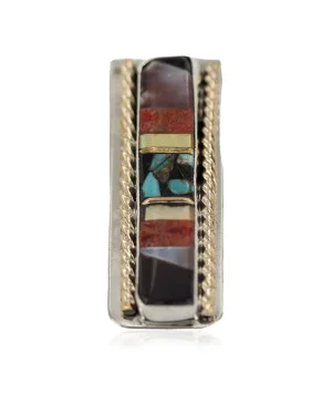 Navajo .925 Sterling Silver Handmade Inlaid Natural Black Onyx Mother of Pearl Spiny Oyster Turquoise Native American Nickel and Brass Money Clip 91001-9