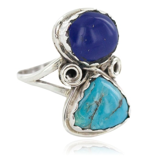 Navajo .925 Sterling Silver Handmade Certified Authentic Natural Turquoise Lapis Native American Ring 18187-101