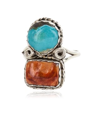 Navajo .925 Sterling Silver Handmade Certified Authentic Natural Turquoise Spiny Oyster Native American Ring 18187-12