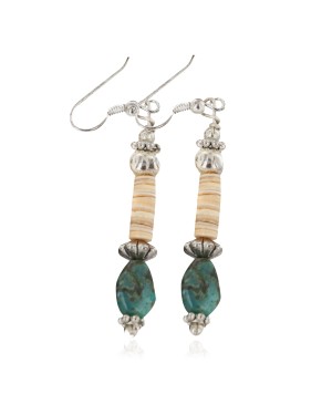 Navajo .925 Sterling Silver Hooks Certified Authentic Natural Turquoise Melon Shell Native American Dangle Earrings 18252-1