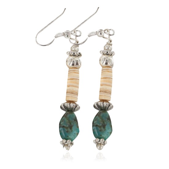 Navajo .925 Sterling Silver Hooks Certified Authentic Natural Turquoise Melon Shell Native American Dangle Earrings 18252-1