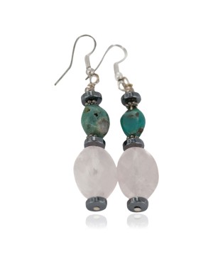Navajo .925 Sterling Silver Hooks Certified Authentic Natural Turquoise Pink Quartz Hematite Native American Dangle Earrings 18252-2