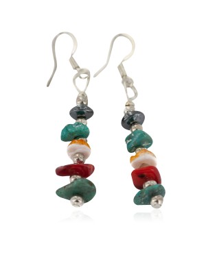 Navajo .925 Sterling Silver Hooks Certified Authentic Natural Turquoise Spiny Oyster Coral Hematite Native American Dangle Earrings 18251-6