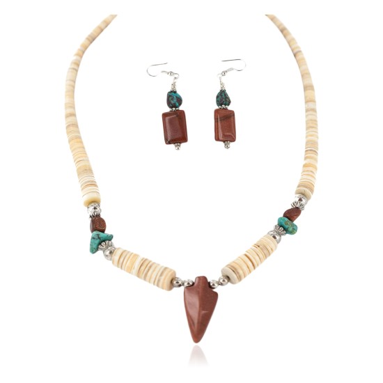 Navajo Arrowhead .925 Sterling Silver Hooks Certified Authentic Natural Turquoise Graduated Heishi Goldstone Native American Set 16006-300-18237-4