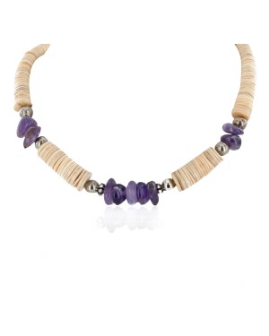 Navajo Certified Authentic .925 Sterling Silver Natural Graduated Melon Shell Amethyst Native American Necklace 25275