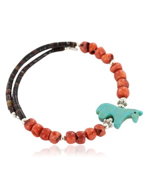 Navajo Certified Authentic Carved Fetish Horse Heishi Coral Native American Adjustable Wrap Bracelet 1301-5