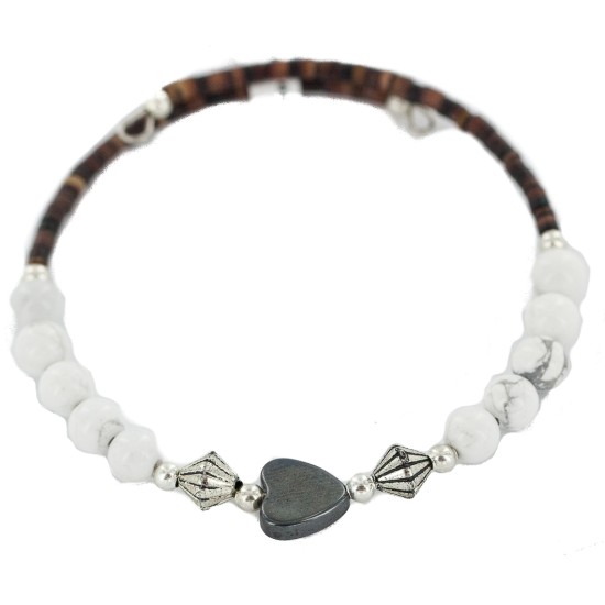 Navajo Certified Authentic Heart Natural Hematite Heishi White Howlite Native American Adjustable Wrap Bracelet 13151-40