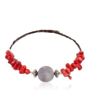Navajo Certified Authentic Heishi Coral Charoite Native American Adjustable Wrap Bracelet 13159-11