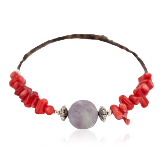 Navajo Certified Authentic Heishi Coral Charoite Native American Adjustable Wrap Bracelet 13159-11