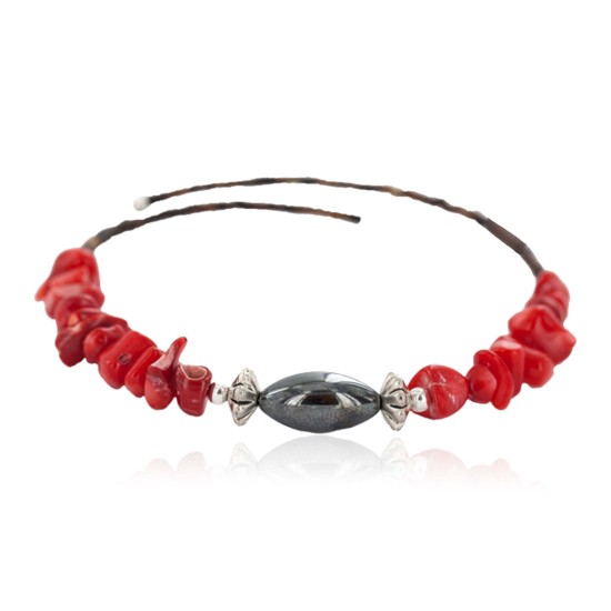 Navajo Certified Authentic Heishi Coral Hematite Native American Adjustable Wrap Bracelet 13159-15