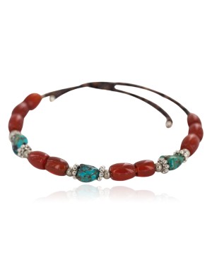 Navajo Certified Authentic Natural Turquoise Carnelian Heishi Native American Adjustable Wrap Bracelet 13172-11