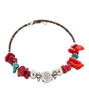 Navajo Certified Authentic Natural Turquoise Heishi Coral Native American Adjustable Wrap Bracelet 13139-10