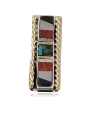 Navajo Handmade .925 Sterling Silver Inlaid Natural Black Onyx Mother of Pearl Spiny Oyster Turquoise Native American Nickel and Brass Money Clip 91001-3