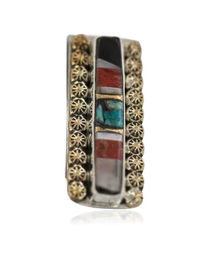 Navajo Handmade .925 Sterling Silver Inlaid Natural Black Onyx Mother of Pearl Spiny Oyster Turquoise Native American Nickel and Brass Money Clip 91001-8