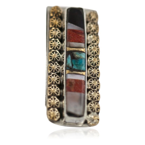 Navajo Handmade Certified Authentic .925 Sterling Silver Inlaid Natural Black Onyx Mother of Pearl Spiny Oyster Turquoise Native American Nickel and Brass Money Clip 91001-8