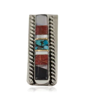 Navajo Handmade .925 Sterling Silver Inlaid Natural Black Onyx Mother of Pearl Spiny Oyster Turquoise Native American Nickel Money Clip 91001-2