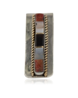 Navajo Handmade Certified Authentic .925 Sterling Silver Inlaid Natural Black Onyx Spiny Oyster Mother of Pearl Native American Nickel Money Clip 91003-5