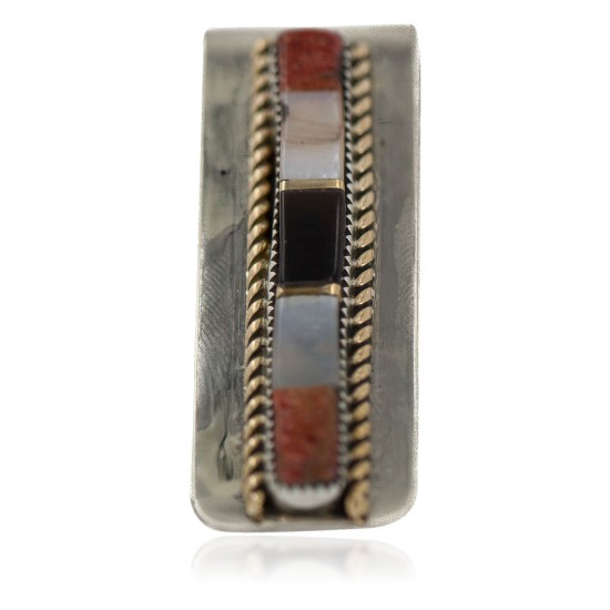 Navajo Handmade Certified Authentic .925 Sterling Silver Inlaid Natural Black Onyx Spiny Oyster Mother of Pearl Native American Nickel Money Clip 91003-5