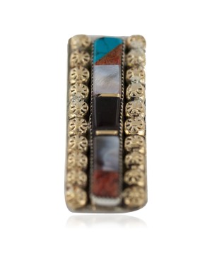 Navajo Handmade Certified Authentic .925 Sterling Silver Inlaid Natural Black Onyx Spiny Oyster Turquoise Mother of Pearl Native American Nickel and Brass Money Clip 91003-2