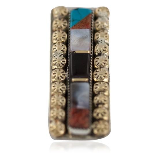 Navajo Handmade Certified Authentic .925 Sterling Silver Inlaid Natural Black Onyx Spiny Oyster Turquoise Mother of Pearl Native American Nickel and Brass Money Clip 91003-2