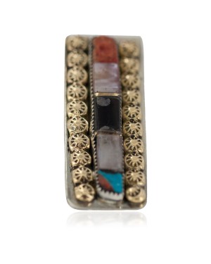 Navajo Handmade Certified Authentic .925 Sterling Silver Inlaid Natural Black Onyx Spiny Oyster Turquoise Mother of Pearl Native American Nickel and Brass Money Clip 91003-4