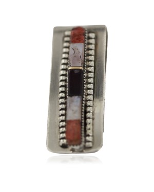 Navajo Handmade Certified Authentic .925 Sterling Silver Inlaid Natural Mother of Pearl Black Onyx Spiny Oyster Native American Nickel Money Clip 91003-7