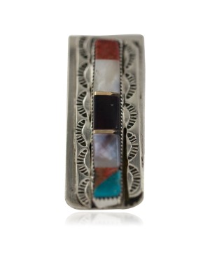 Navajo Handmade Certified Authentic .925 Sterling Silver Inlaid Natural Mother of Pearl Black Onyx Spiny Oyster Turquoise Native American Nickel Money Clip 91003-1
