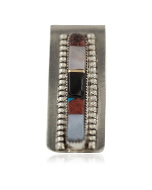 Navajo Handmade Certified Authentic .925 Sterling Silver Inlaid Natural Mother of Pearl Black Onyx Spiny Oyster Turquoise Native American Nickel Money Clip 91003-8