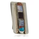 Navajo Handmade .925 Sterling Silver Inlaid Natural Mother of Pearl Spiny Oyster Red Jasper Turquoise Native American Nickel Money Clip 91003-6