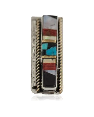 Navajo Handmade .925 Sterling Silver Inlaid Natural Spiny Oyster Turquoise Mother of Pearl Black Onyx Native American Nickel Money Clip 91001-7