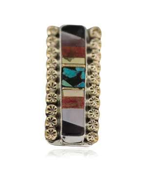 Navajo Handmade .925 Sterling Silver Inlaid Natural Turquoise Mother of Pearl Spiny Oyster Black Onyx Native American Nickel and Brass Money Clip 91001-1