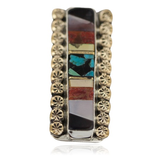 Navajo Handmade Certified Authentic .925 Sterling Silver Inlaid Natural Turquoise Mother of Pearl Spiny Oyster Black Onyx Native American Nickel and Brass Money Clip 91001-1