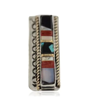 Navajo Handmade .925 Sterling Silver Inlaid Natural Turquoise Mother of Pearl Spiny Oyster Black Onyx Native American Nickel Money Clip 91001-10