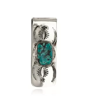 Navajo Handmade .925 Sterling Silver Natural Spiderweb Turquoise Native American Nickel Money Clip 11270