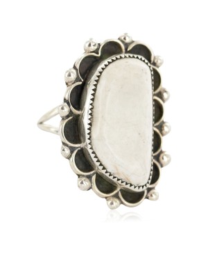 Navajo Handmade Certified Authentic .925 Sterling Silver Natural White Buffalo Native American Ring 17023-10