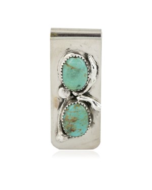 Navajo Handmade Certified Authentic Nickel and .925 Sterling Silver Natural Turquoise Native American Money Clip 10530-6