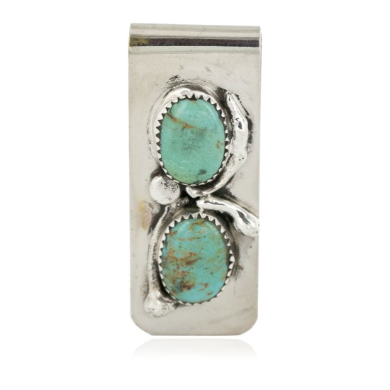 Navajo Handmade Certified Authentic Nickel and .925 Sterling Silver Natural Turquoise Native American Money Clip 10530-6