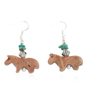 Navajo Horse Certified Authentic .925 Sterling Silver Hooks Natural Turquoise and Jasper Dangle Native American Earrings 97002-11