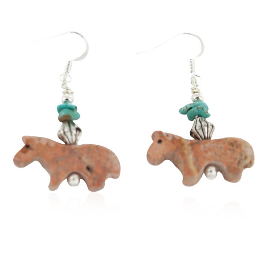 Navajo Horse Certified Authentic .925 Sterling Silver Hooks Natural Turquoise and Jasper Dangle Native American Earrings 97002-11