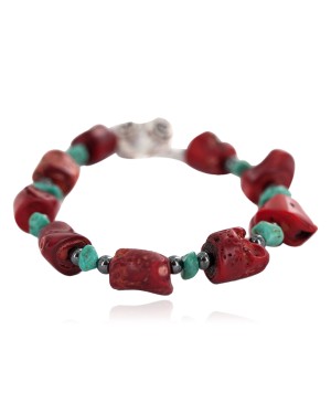 Navajo Nickel Certified Authentic Natural Turquoise Coral Hematite Native American Bracelet 13176-3