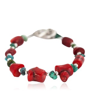 Navajo Nickel Certified Authentic Natural Turquoise Coral Native American Bracelet 13176