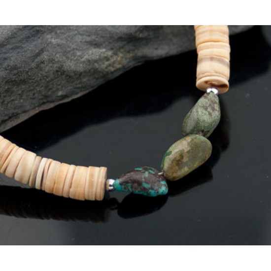 NiceCertified Authentic Navajo .925 Sterling Silver Graduated Melon Shell and Turquoise Native American Necklace 15262-50
