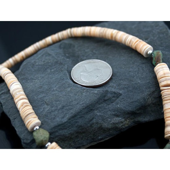 NiceCertified Authentic Navajo .925 Sterling Silver Graduated Melon Shell and Turquoise Native American Necklace 15262-50
